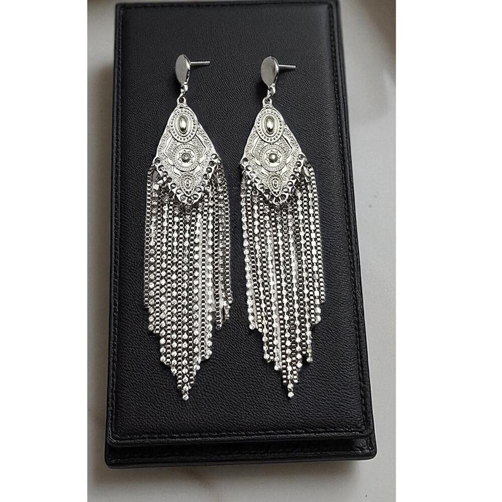 Silver Filigree Fringe Statement Earrings Rhinestone Dangle – Dramatic Glam